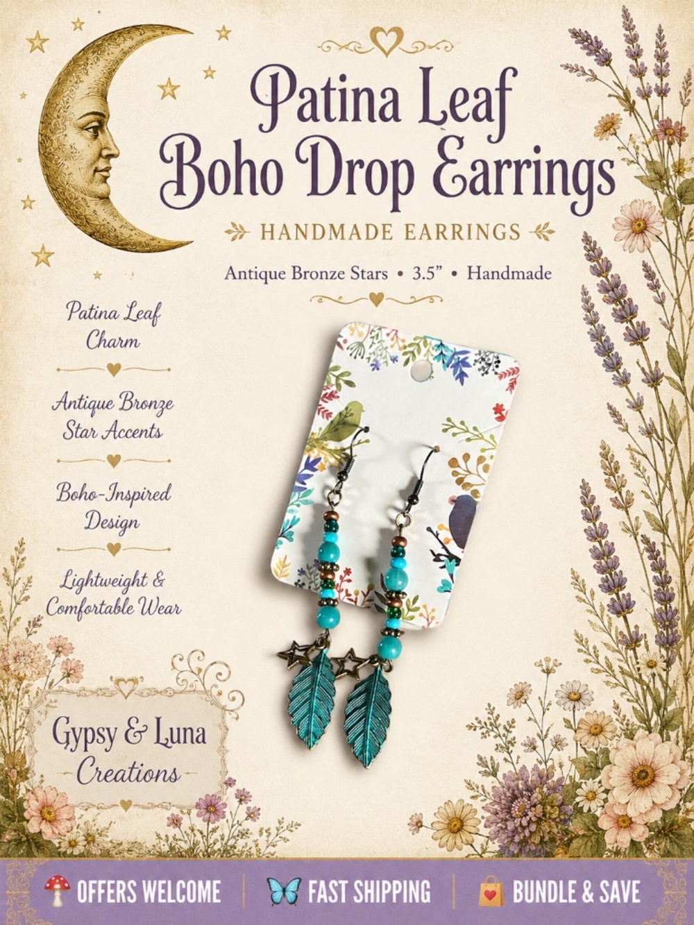 Handmade Patina Leaf Earrings Bronze Star Accents Boho Nature Inspired 3.5"
